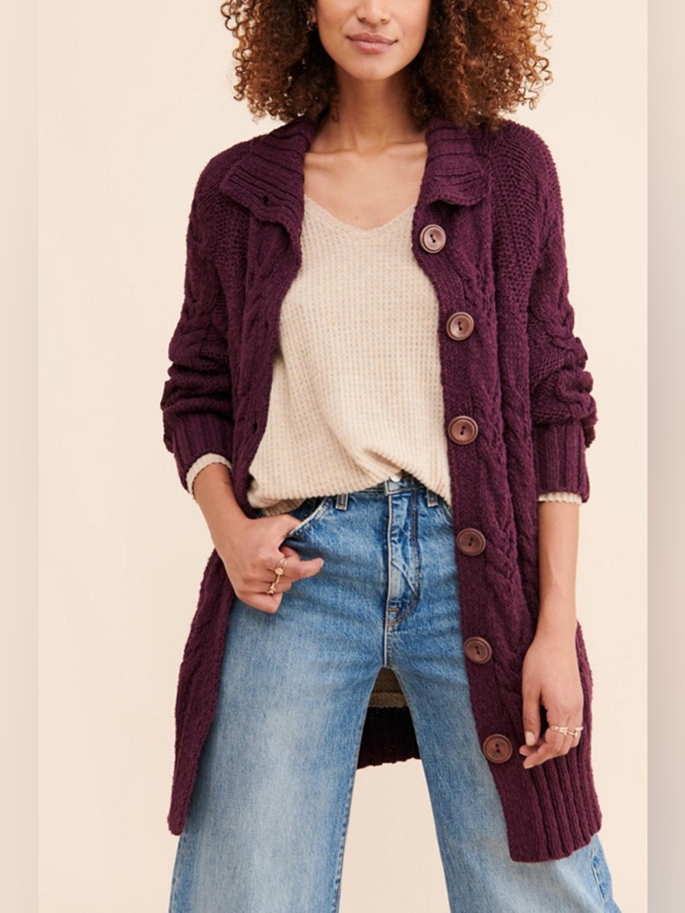 Free People Espresso Cardigan Chunky Cable Knit in Violet Panther Purple